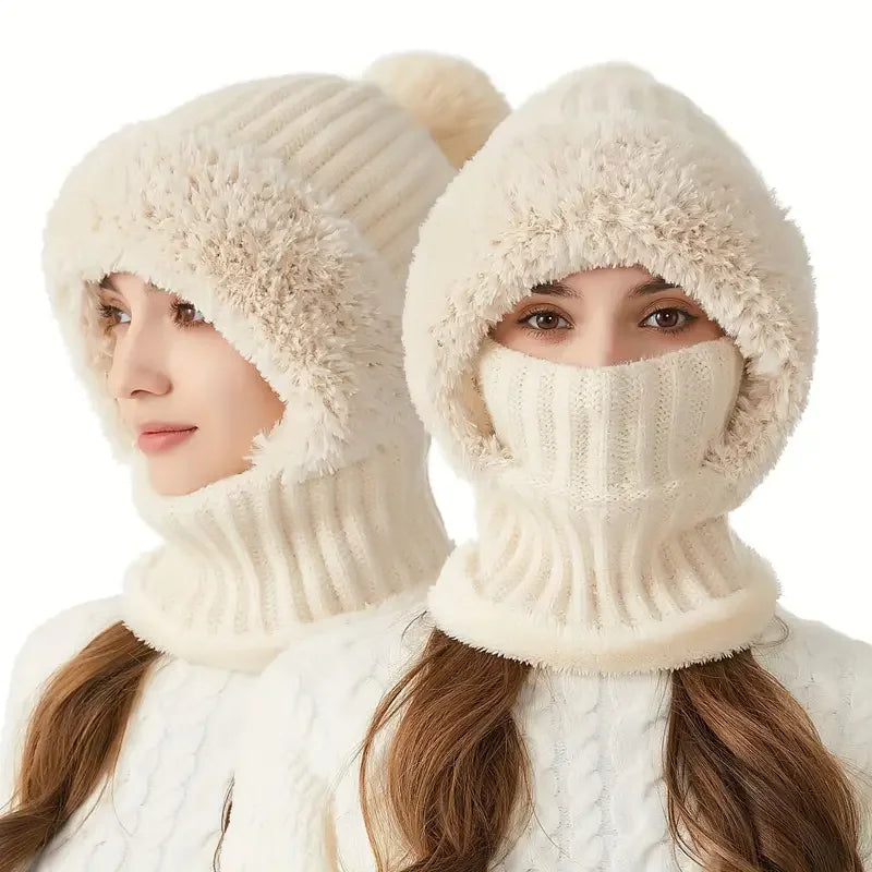 fleece-Lined Knitted Hat with Ear Flaps & Hooded Gaiter