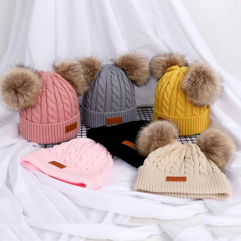 Adorable double pompom knit hat for kids