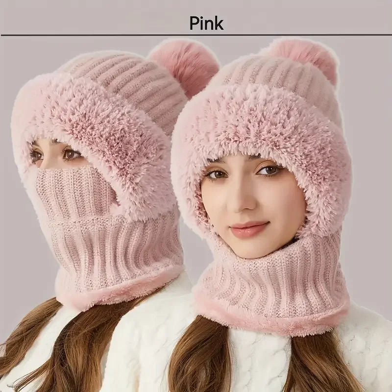 fleece-Lined Knitted Hat with Ear Flaps & Hooded Gaiter