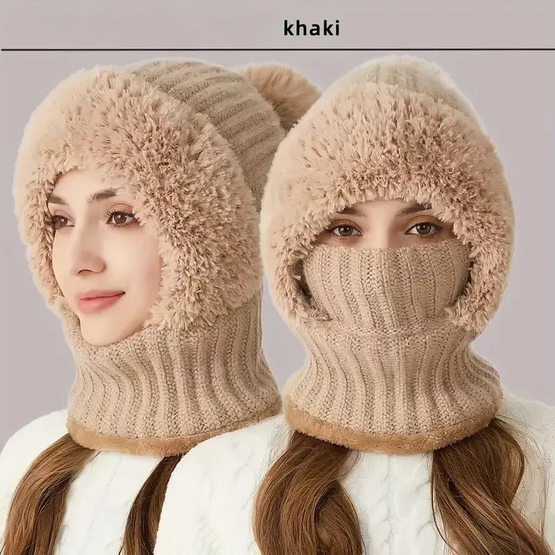 fleece-Lined Knitted Hat with Ear Flaps & Hooded Gaiter