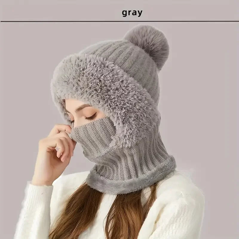 fleece-Lined Knitted Hat with Ear Flaps & Hooded Gaiter